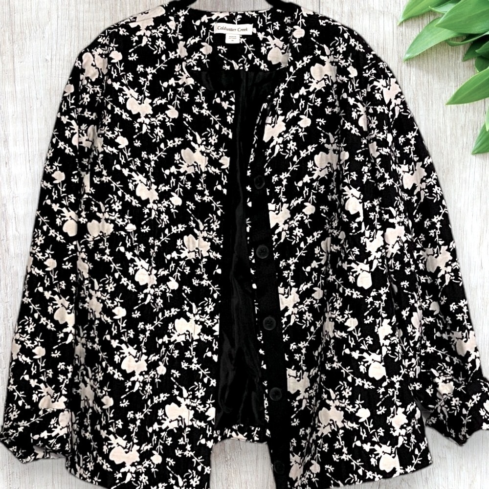 COLDWATER CREEK Black & White Floral Button Front Blazer Jacket Lined 16